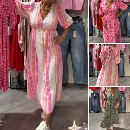🔥50 % rabatt✨Klassisk damklänning med V-ringning och mönster👗