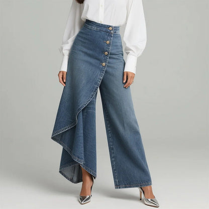 👖 50% RABATT NU! ✨ Asymmetrisk Wrap Denim Kjolbyxor – Högmidjad, Vida Ben & Dekorativ Knäppningsplåt 🌟