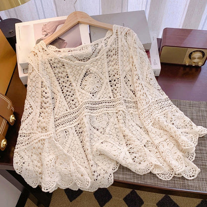 👚 2026 års nyhet! 🌸 Kvinnors Vintage-inspirerad Spets Cover-Up Blus – Boho Virkning, Hålrum & Vida Ärmar ✨