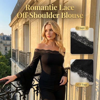 Dames Chic Zwart Strak Passend Off-Shoulder Flare Mouw T-Shirt