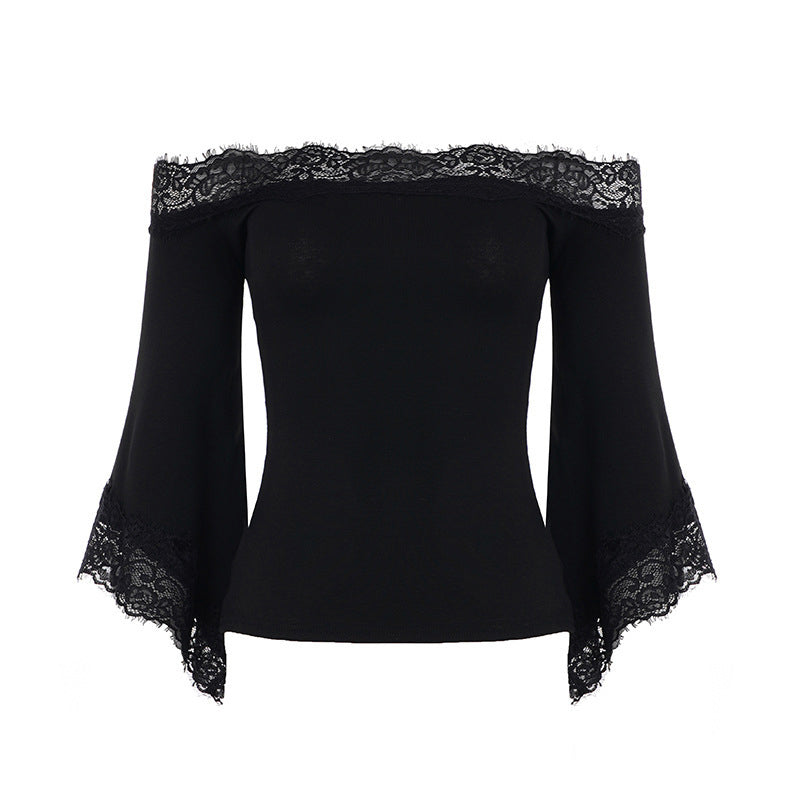 Dames Chic Zwart Strak Passend Off-Shoulder Flare Mouw T-Shirt